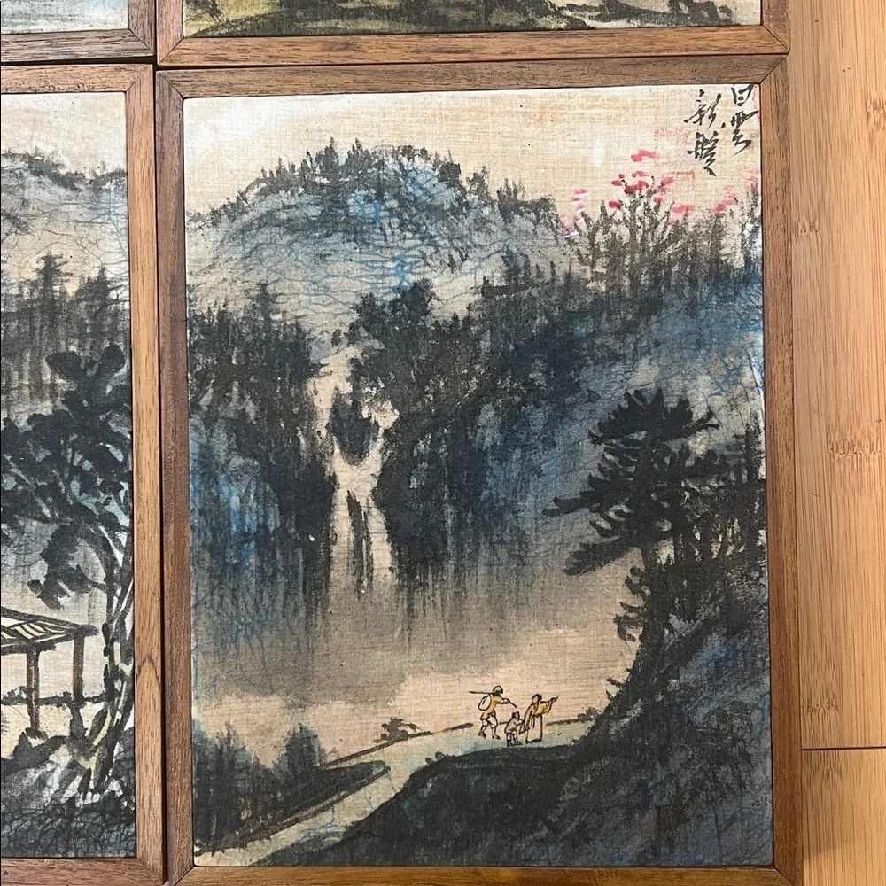 NWT set 4 Vintage Batique Chinese Reproductions hand painted wood frame 9” x 12”